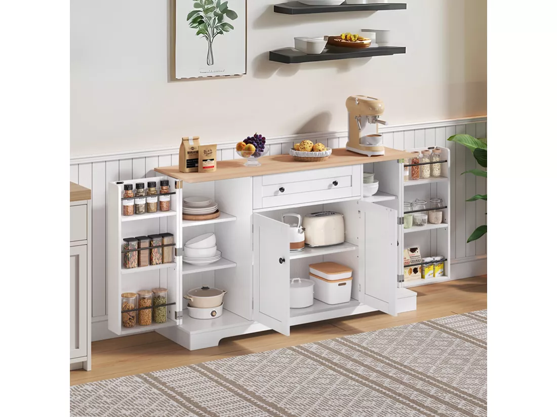 Buffet de cuisine avec 4 portes et 1 tiroir - 138 x 40 x 85 cm - Bois MDF - Tablettes réglables - Naturel + blanc