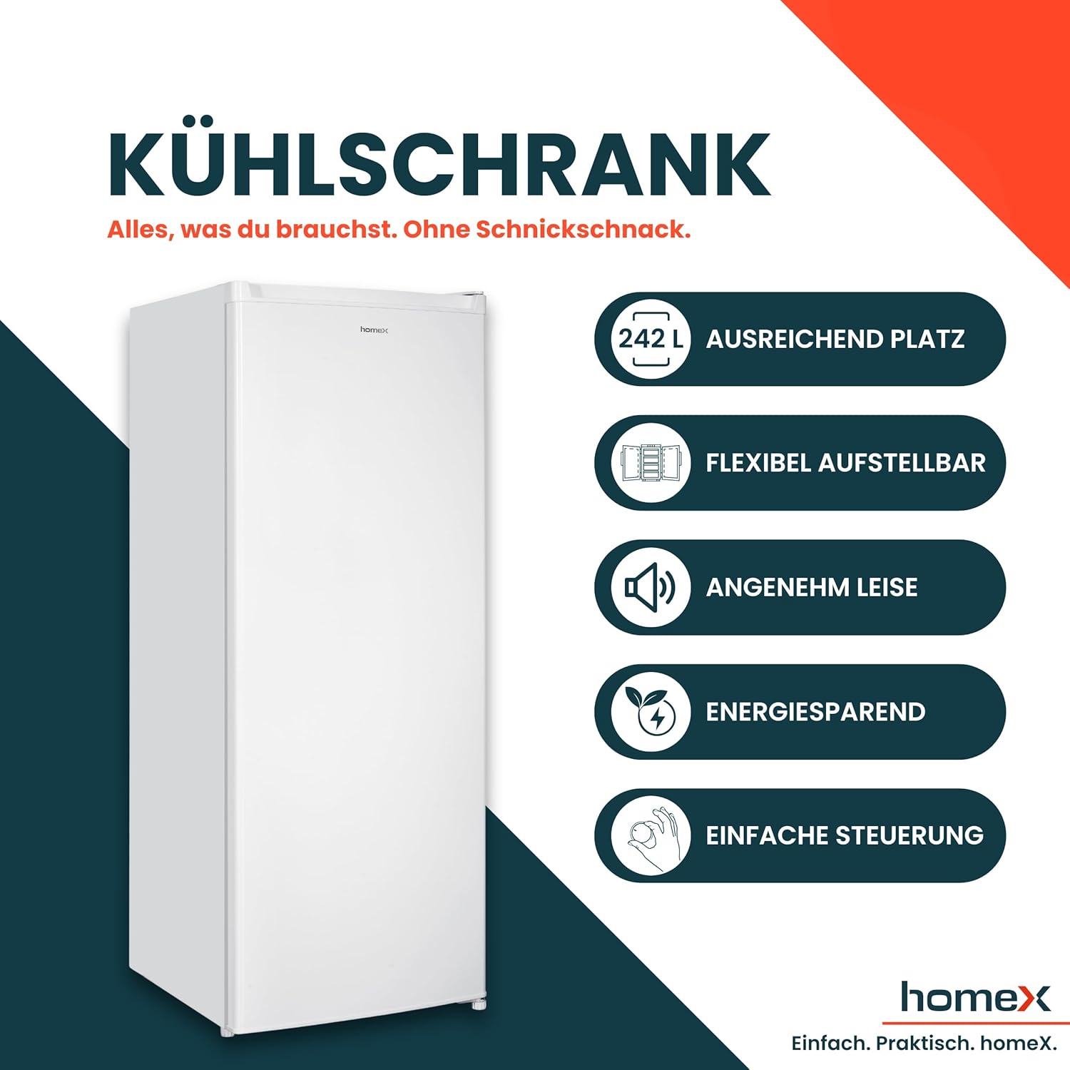 homeX Kühlschrank ohne Gefrierfach groß, freistehender Vollraumkühlschrank - 242 Liter, leiser Standkühlschrank, großer XXL Fridge, Getränkekühlschrank, 5 Ablagen, LED-Beleuchtung, 143 cm hoch, weiß