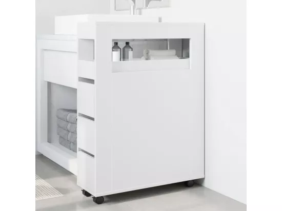 Meuble étroit de salle de bain à roulettes blanc
