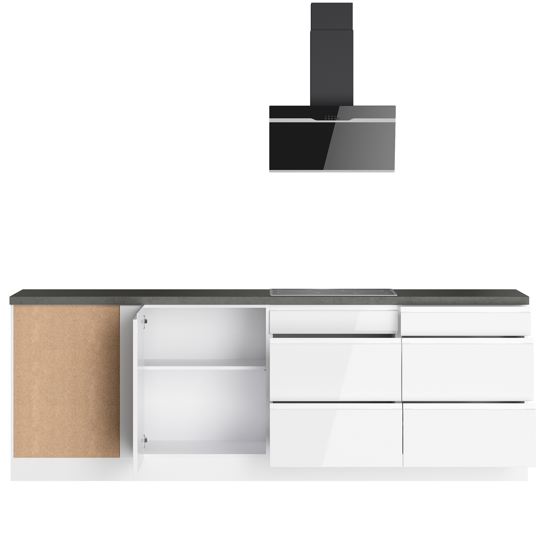 Winkelküche MONZA - weiß Hochglanz - Beton-Optik - mit E-Geräten - Glaskeramikkochfeld - 300x240 cm