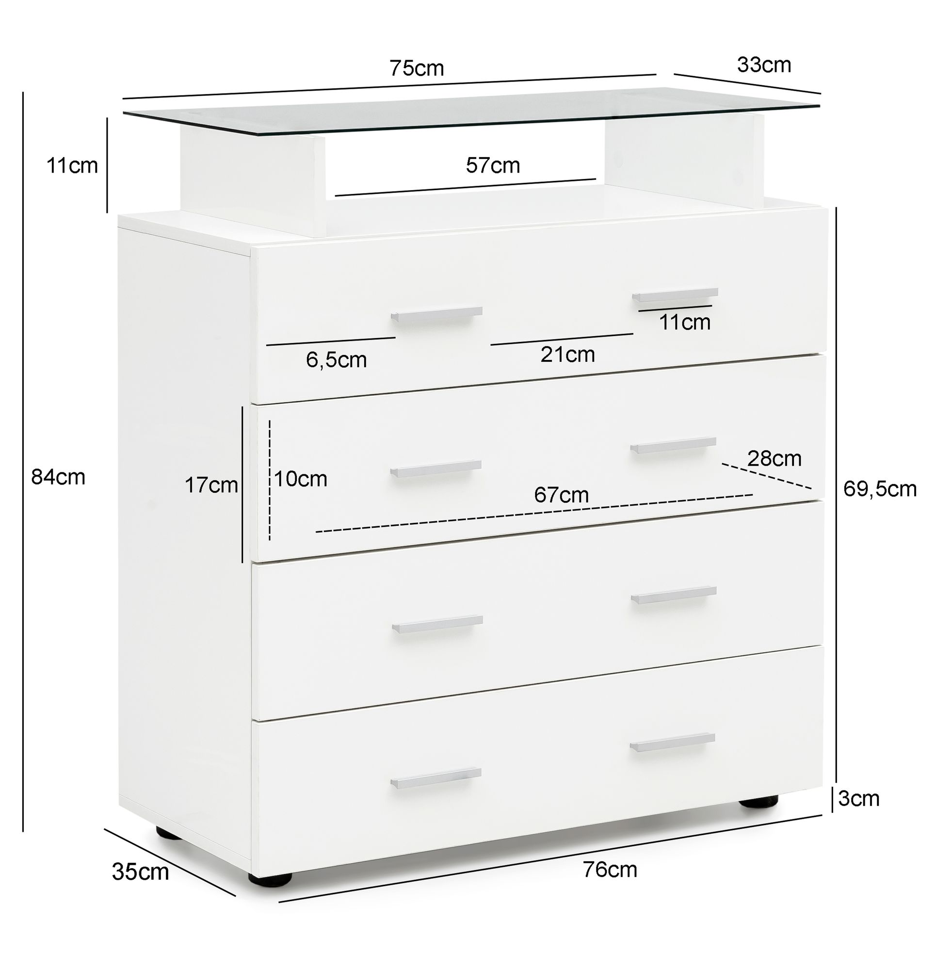 FineBuy Sideboard Weiß Kommode Hochglanz Schubladenschrank 76x84x35 cm