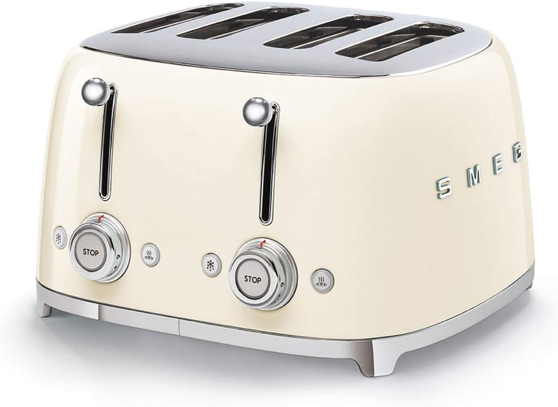 Smeg, 4x4 TSF03CREU -Toaster, 4 Schlitze für 4 Scheiben, 6 Vergoldungsniveaus, Heizfunktion, Abtau- und Bagel- Funktion, Sammelschublade, 2000W, Creme