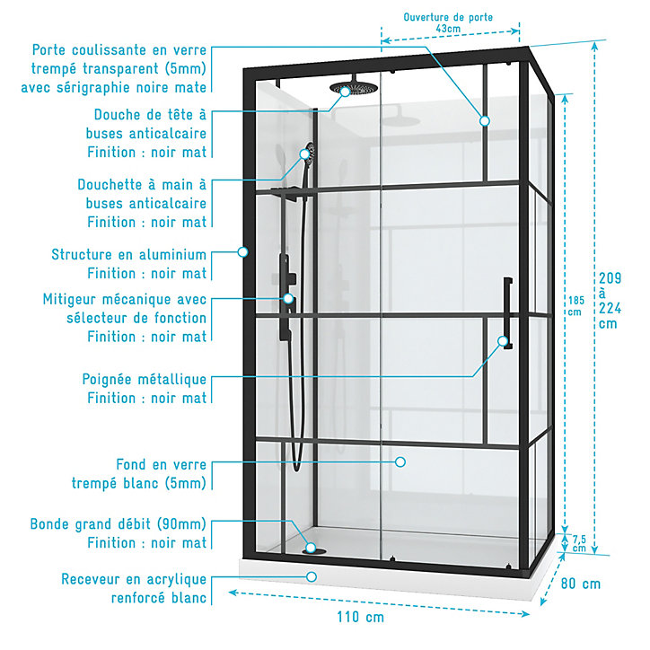 Cabine de douche avec mitigeur mécanique 80 x 110 cm, noir et blanc, Galedo Graphic