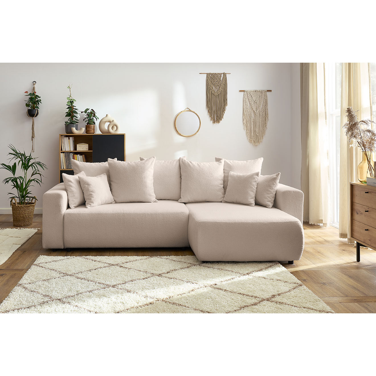 Bobochic Canapé d'angle convertible reversible bouclette Envy beige - 282x153x95 cm