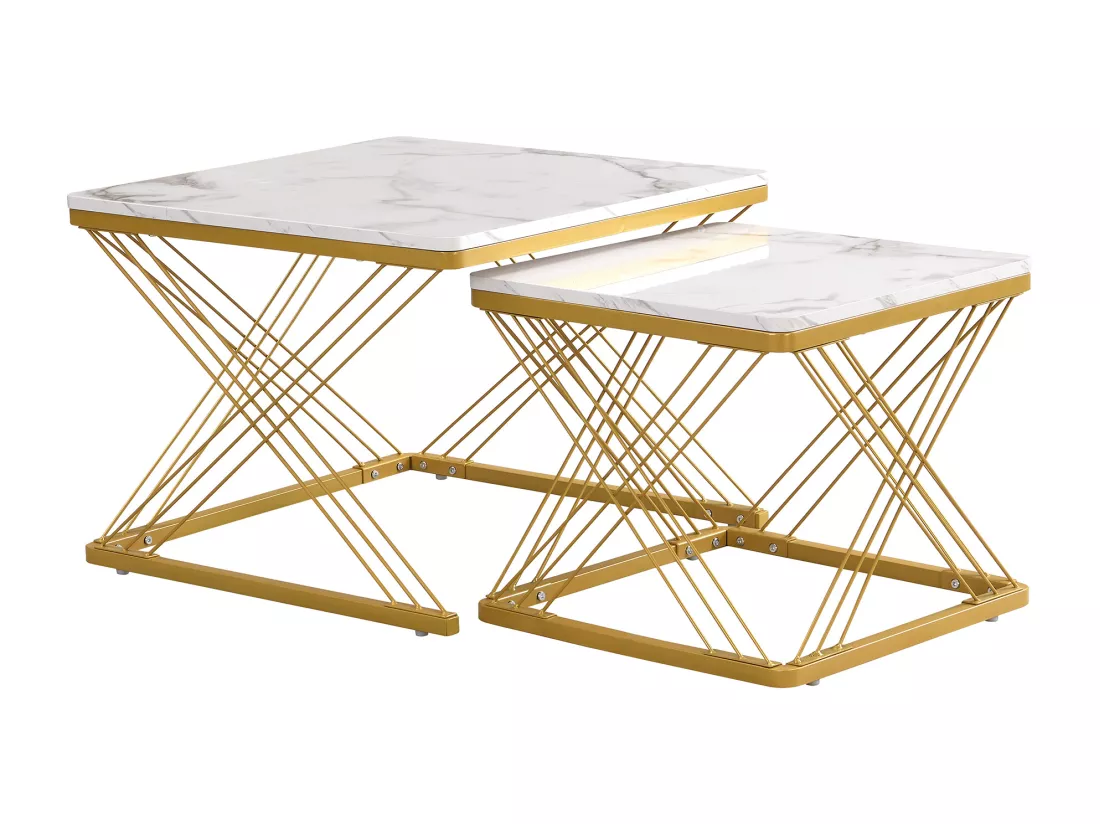 Lot de 2 tables gigognes - plateau à motif de marbre - Blanc & Doré