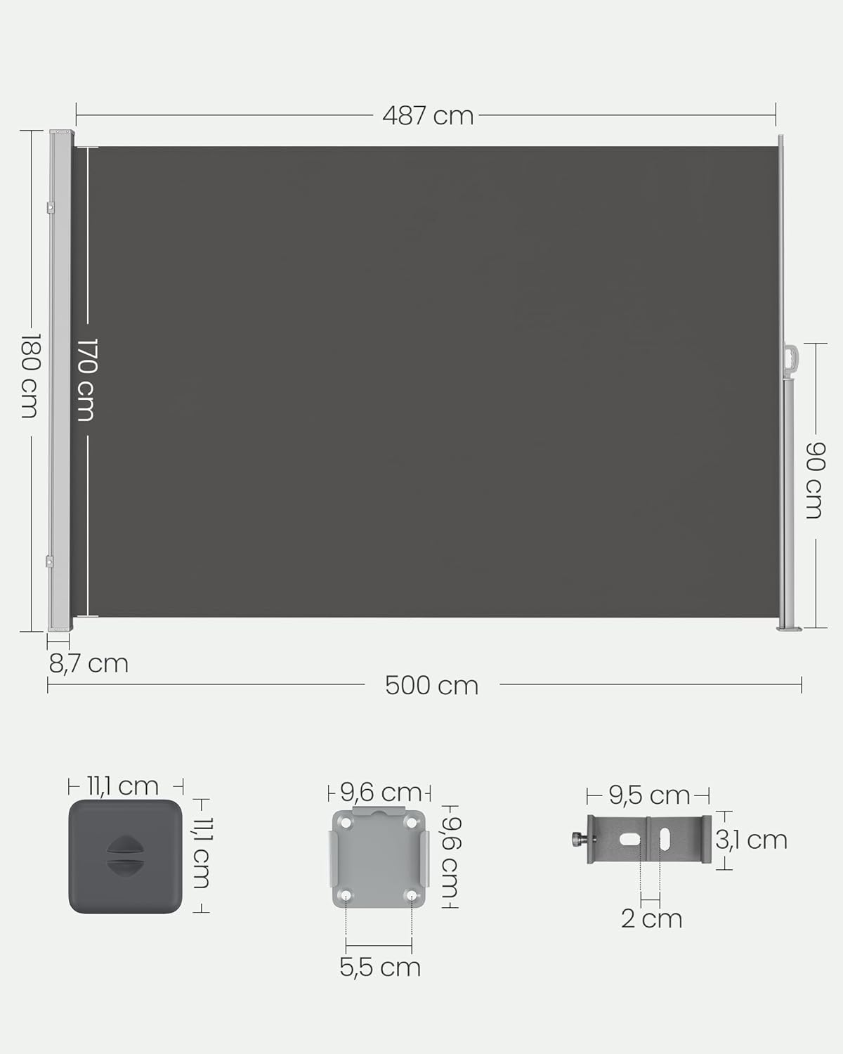 SONGMICS Seitenmarkise mit Stahl-Kasten, rostbeständig, ausziehbar, 180 x 500 cm, Windschutz, Sonnenschutz, Blickdicht, Seitenrollo, für Balkon, Terrasse, Garten, anthrazit GSA815GZ01