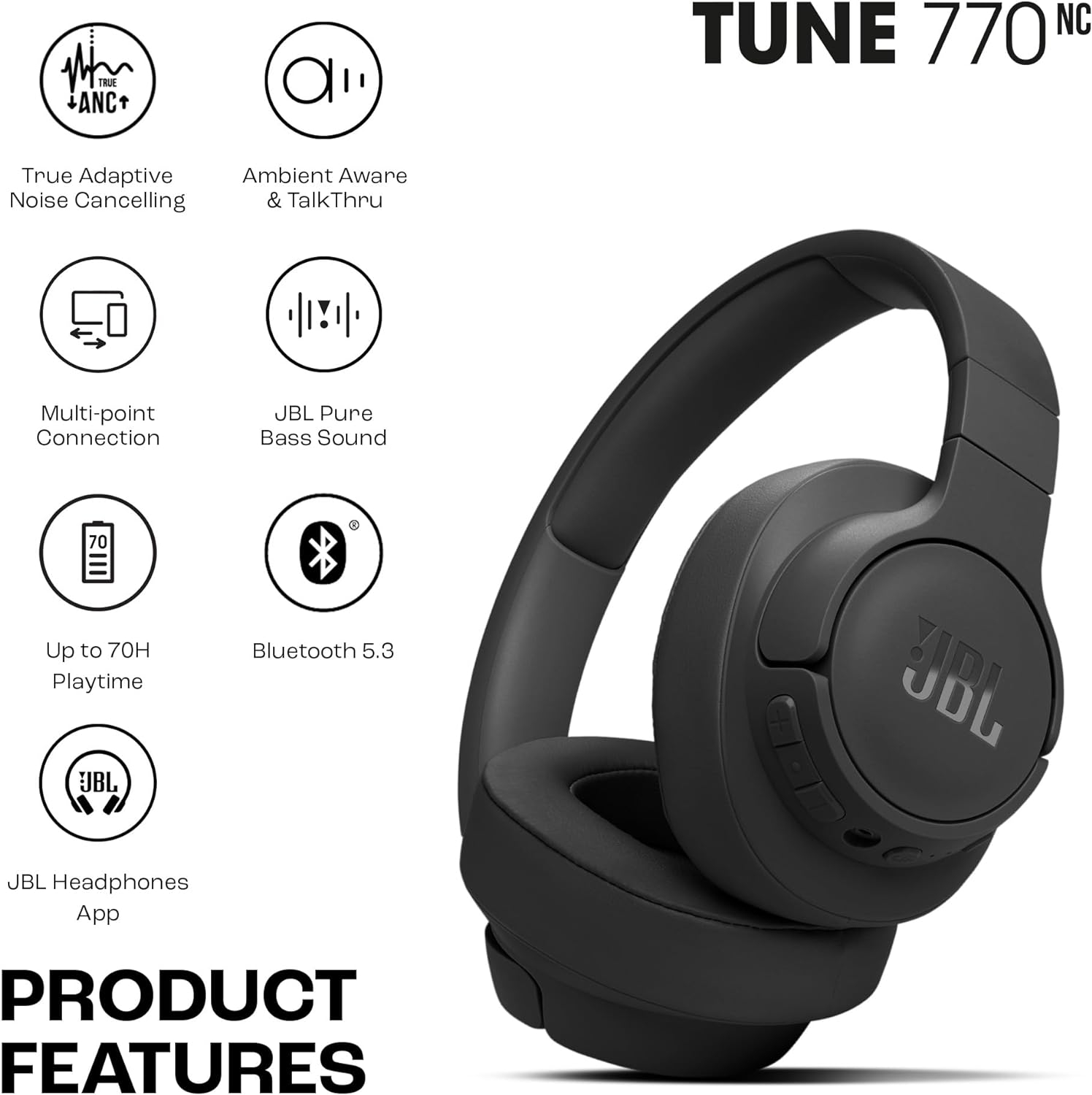 Tune 770NC BT Bluetooth Kopfhörer On-Ear Headset Pure Bass Sound   Adaptives Noise Cancelling (JBLT770NCWHT) - Weiss