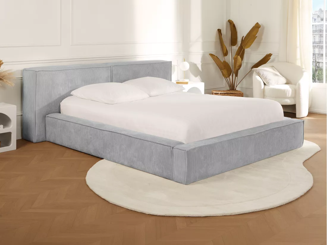 Lit coffre 160 x 200 cm - Velours côtelé - Gris clair + Matelas - TIMANO de Pascal Morabito