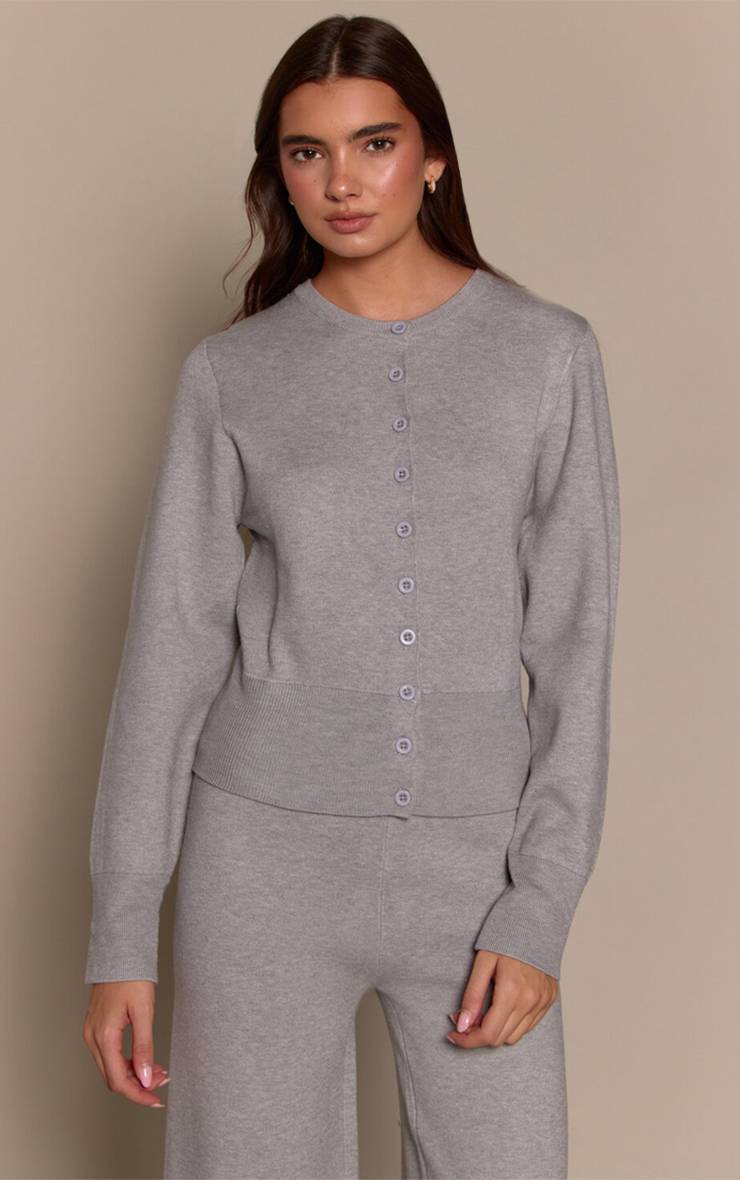 Gris Chiné Cardigan En Maille Compacte Douce Avec Détail De Patte De Boutonnage
