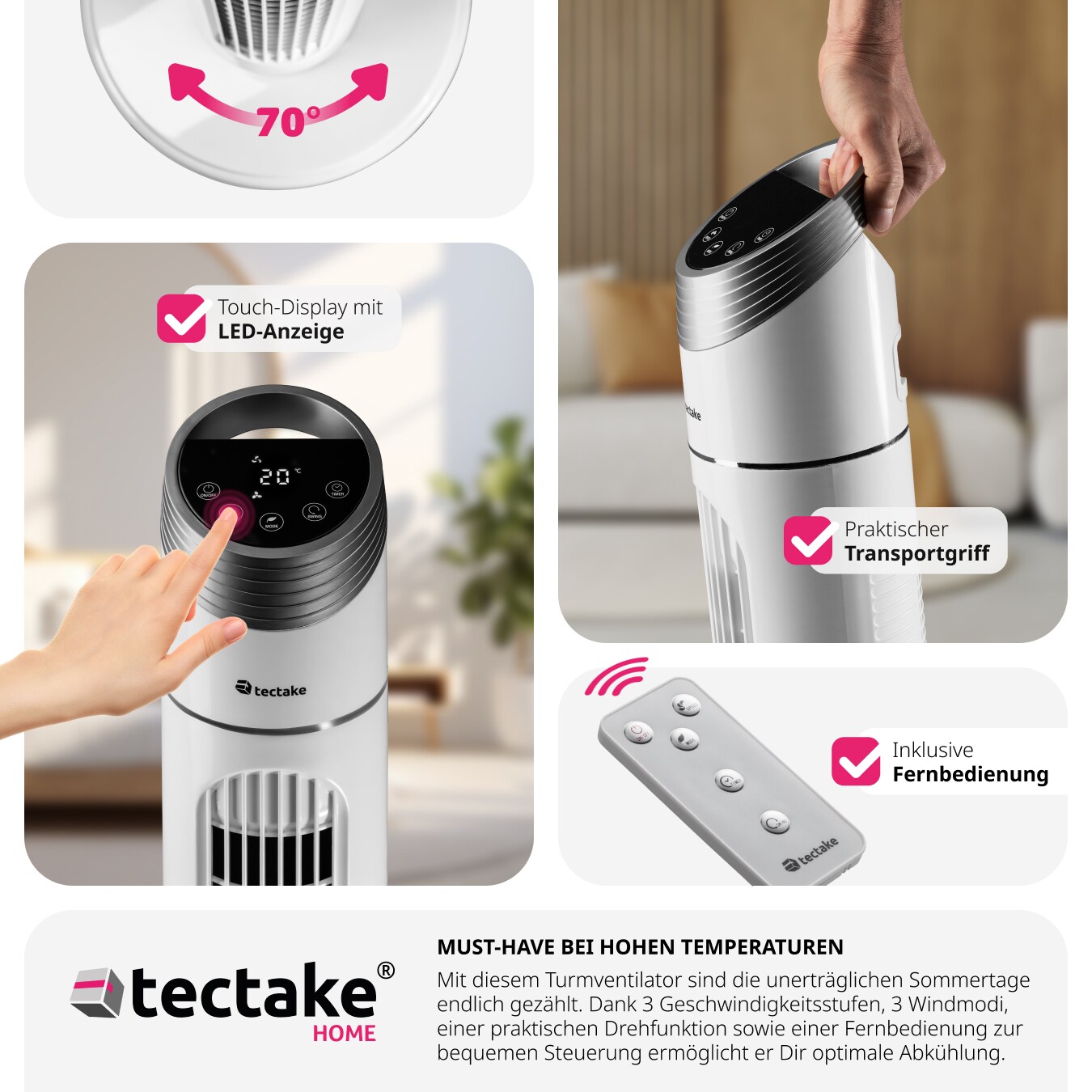 tectake® Turmventilator, oszilierend, mit Timer-Funktion, 31 x 90 cm