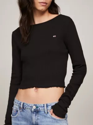 Camiseta cropped de manga comprida com babados