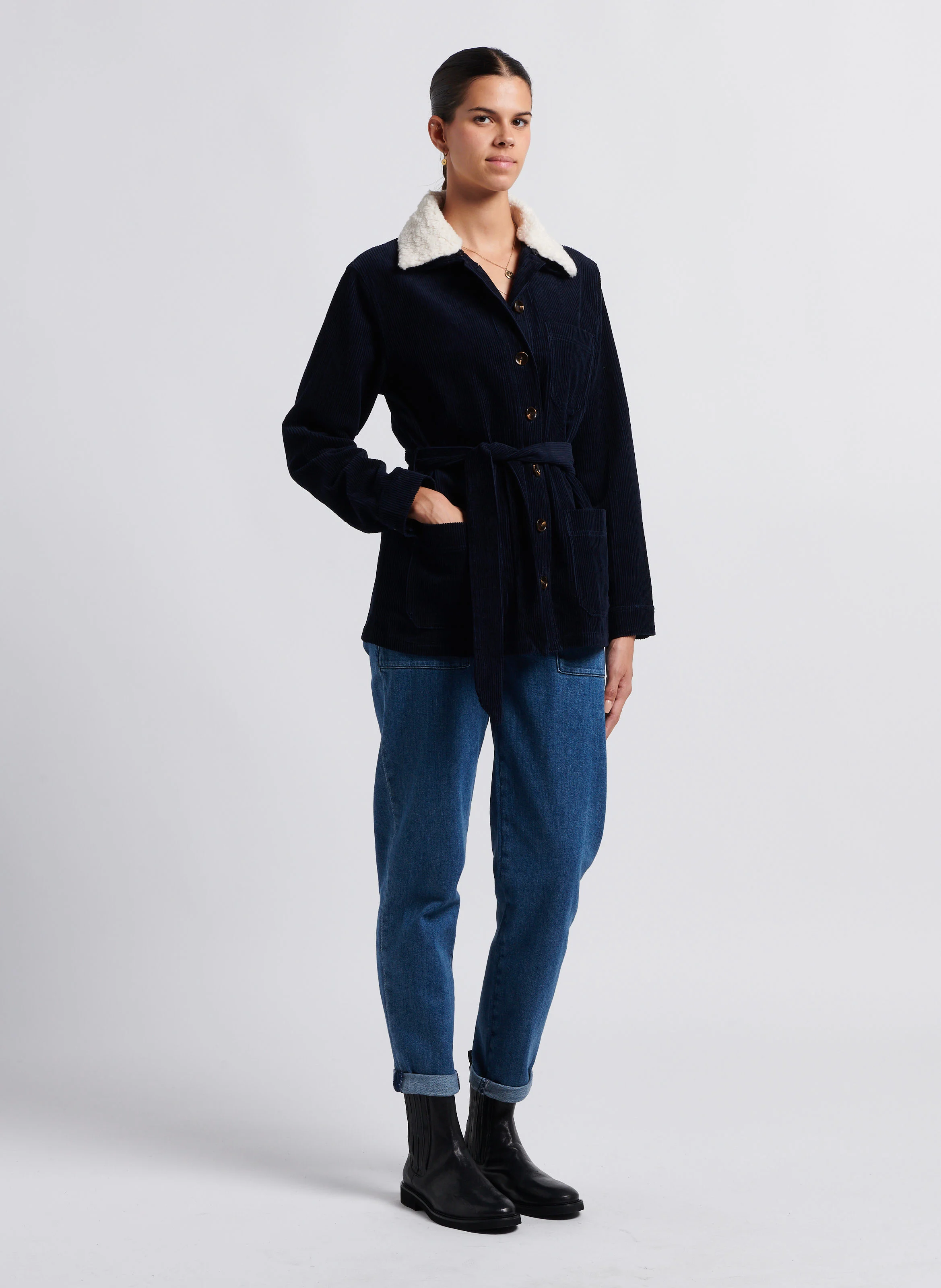 LARA - Veste col classique en coton de velours côtelé| Bleu