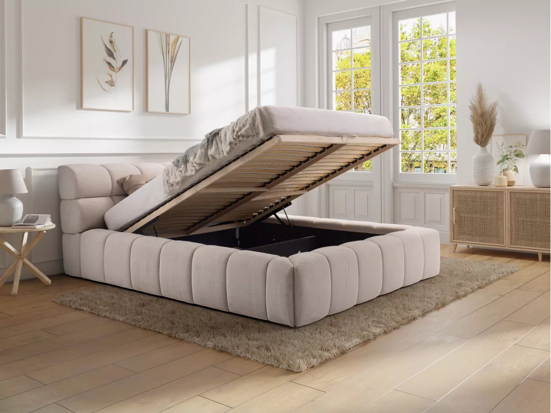 Lit coffre 200 x 200 cm - Tissu - Beige + Matelas - FORVIK de Pascal Morabito