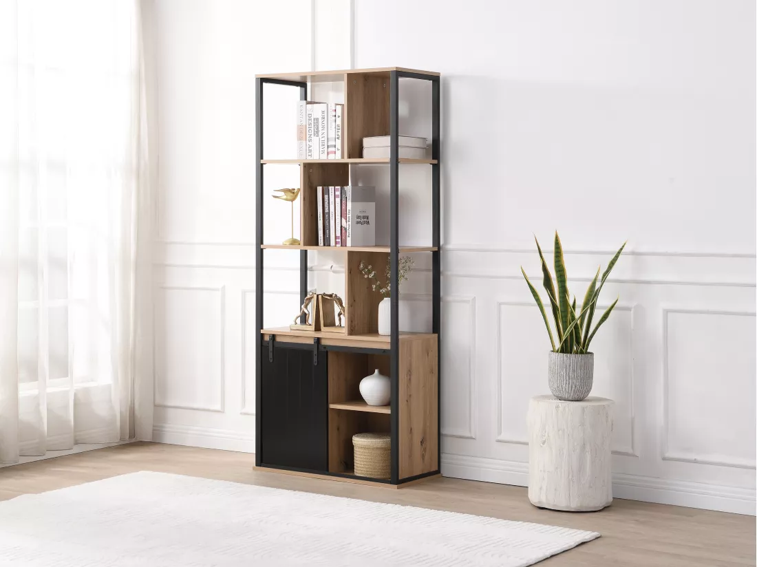 Bibliothèque avec rangements et 1 porte coulissante en MDF et acier - Naturel et Noir - YALENA