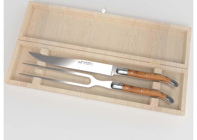 Service à viande Laguiole avec un manche en bois de genévrier et mitres en acier inoxydable