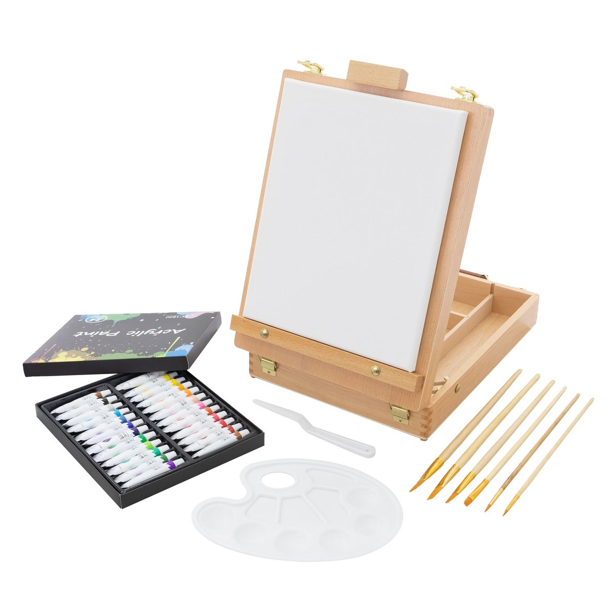 ECD Germany 34-delige acrylverfset met ezel, acrylverfset met koffer-ezel, 24 acrylverven, gespannen canvas, penselen en schilderaccessoires, tafel-ezel, houten schilderkoffer, voor kunstenaars en beginners