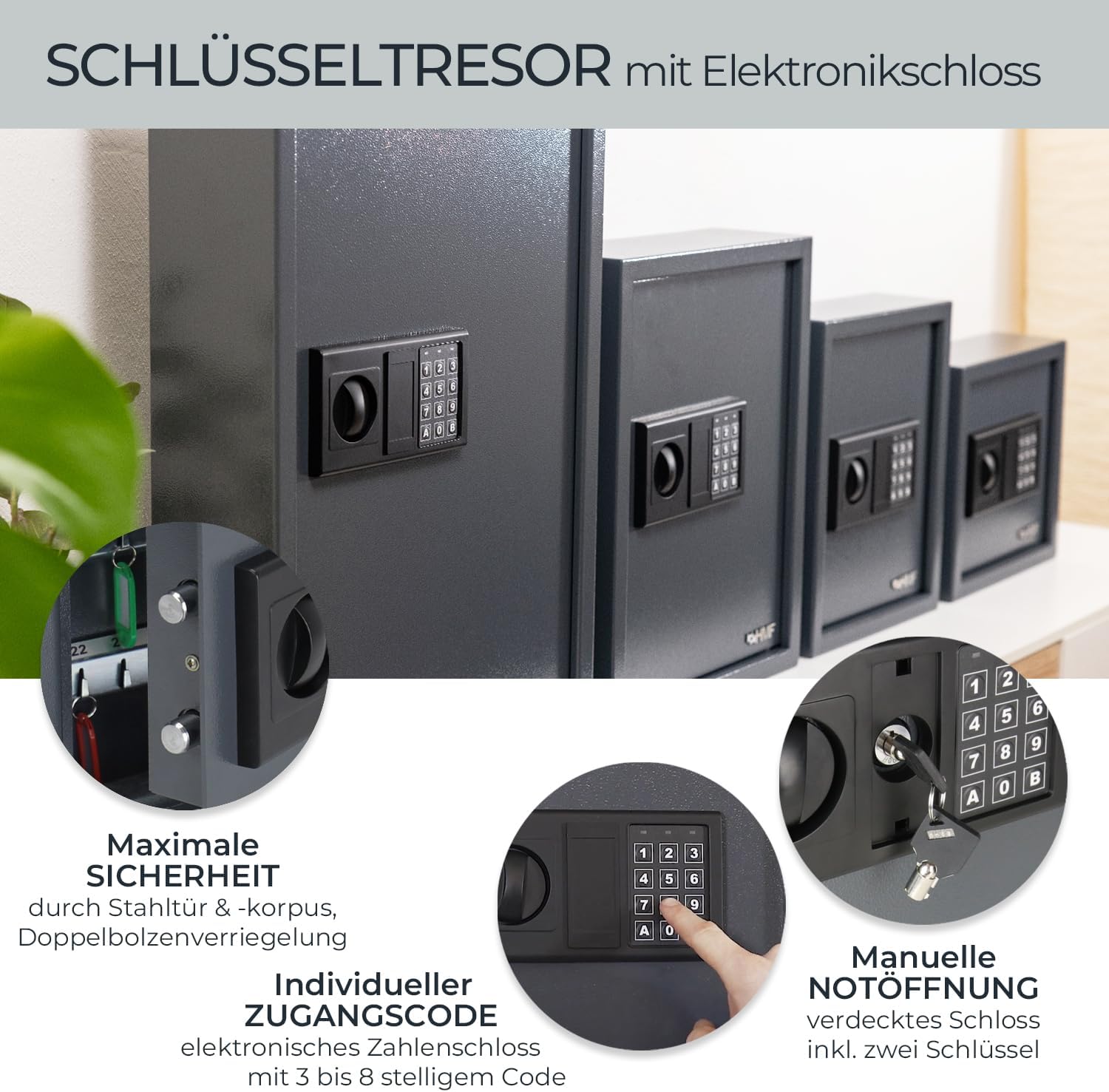 HMF Schlüsseltresor mit Zahlencode, Schlüsselsafe mit Elektronikschloss | 132 Haken | 66,5 x 43 x 13 cm | Anthrazit