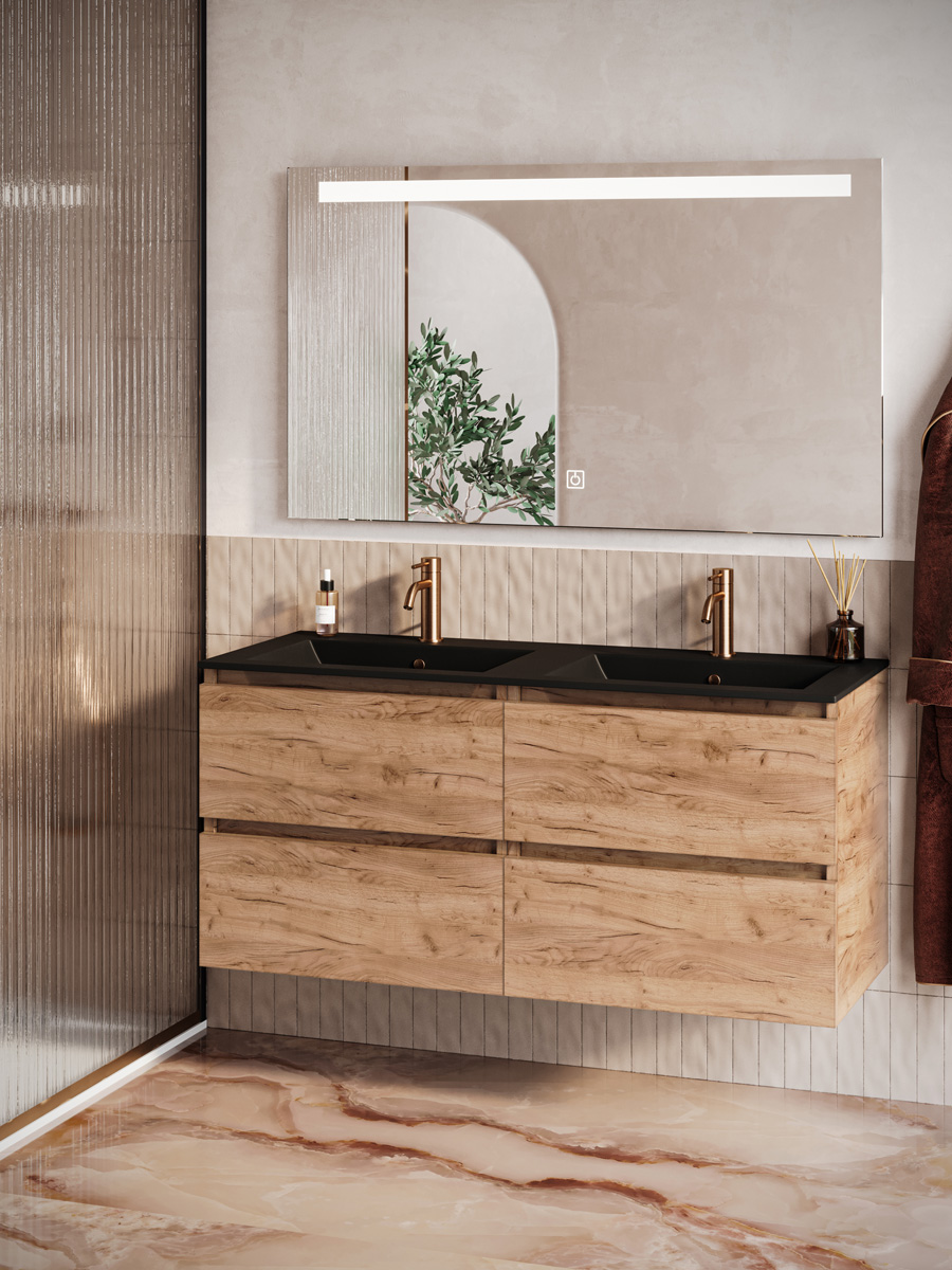 Fontana Rovigo badmeubel 120cm warm eiken met zwarte wastafel met kraangaten en spiegel met verlichting