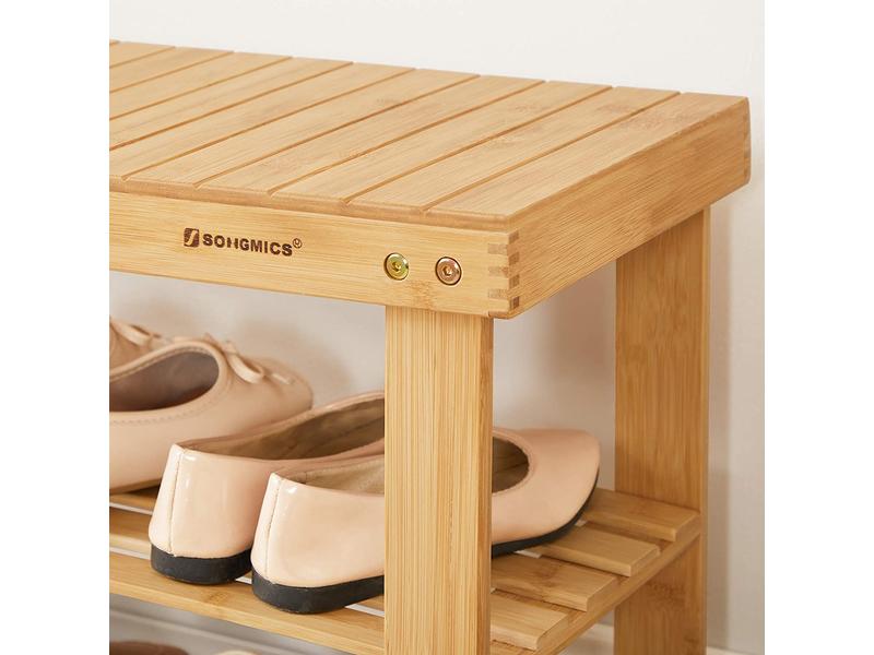 Songmics Schuhregal aus Bambus, Nature Schuhgestell mit Sitzbank
