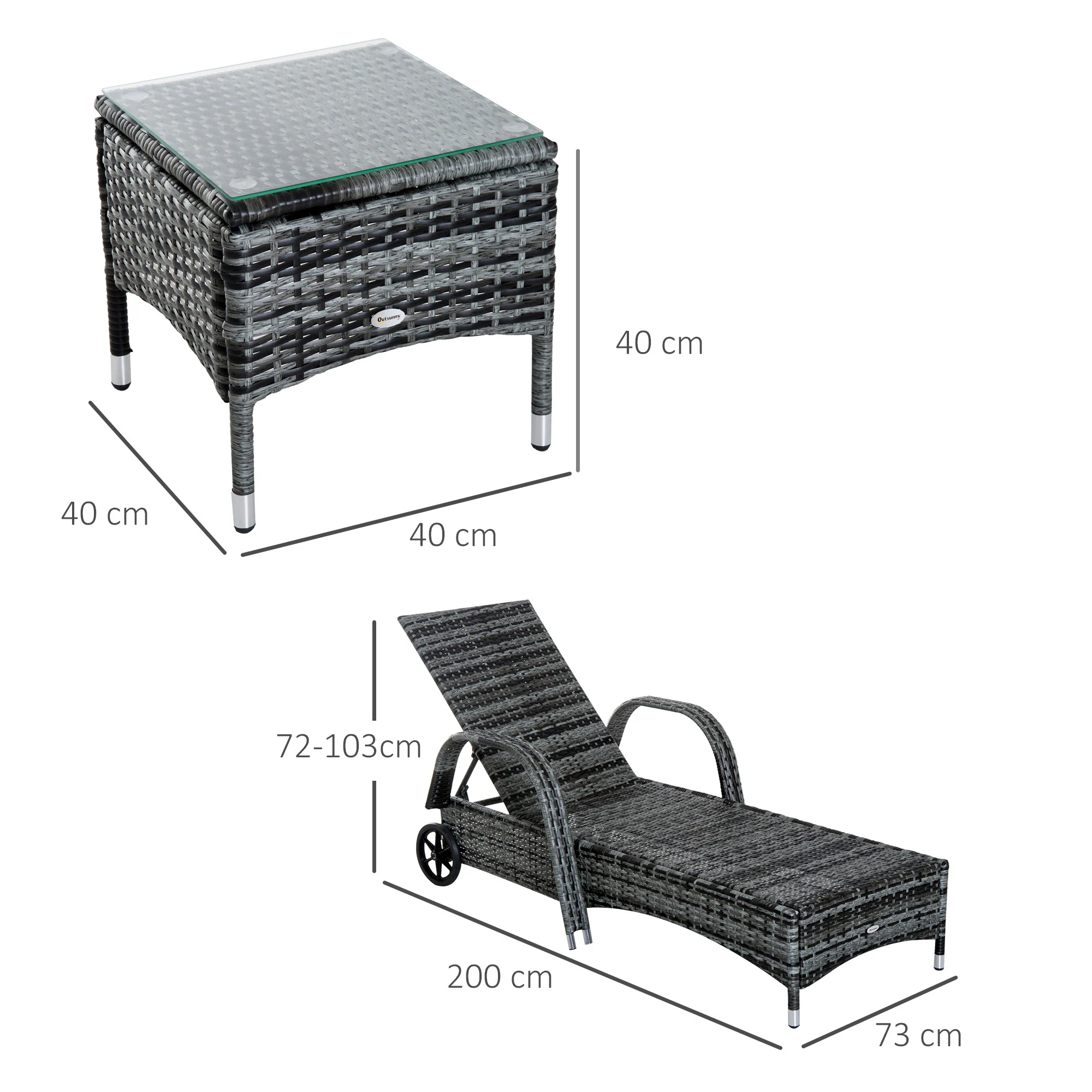 Outsunny Rattan-Gartenliege als 3-teiliges Set grau