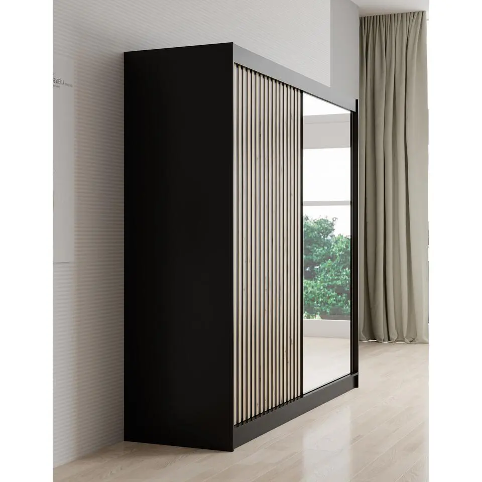 Meubella - Kledingkast Lisbon 2 - Zwart - 200 cm - Met spiegel