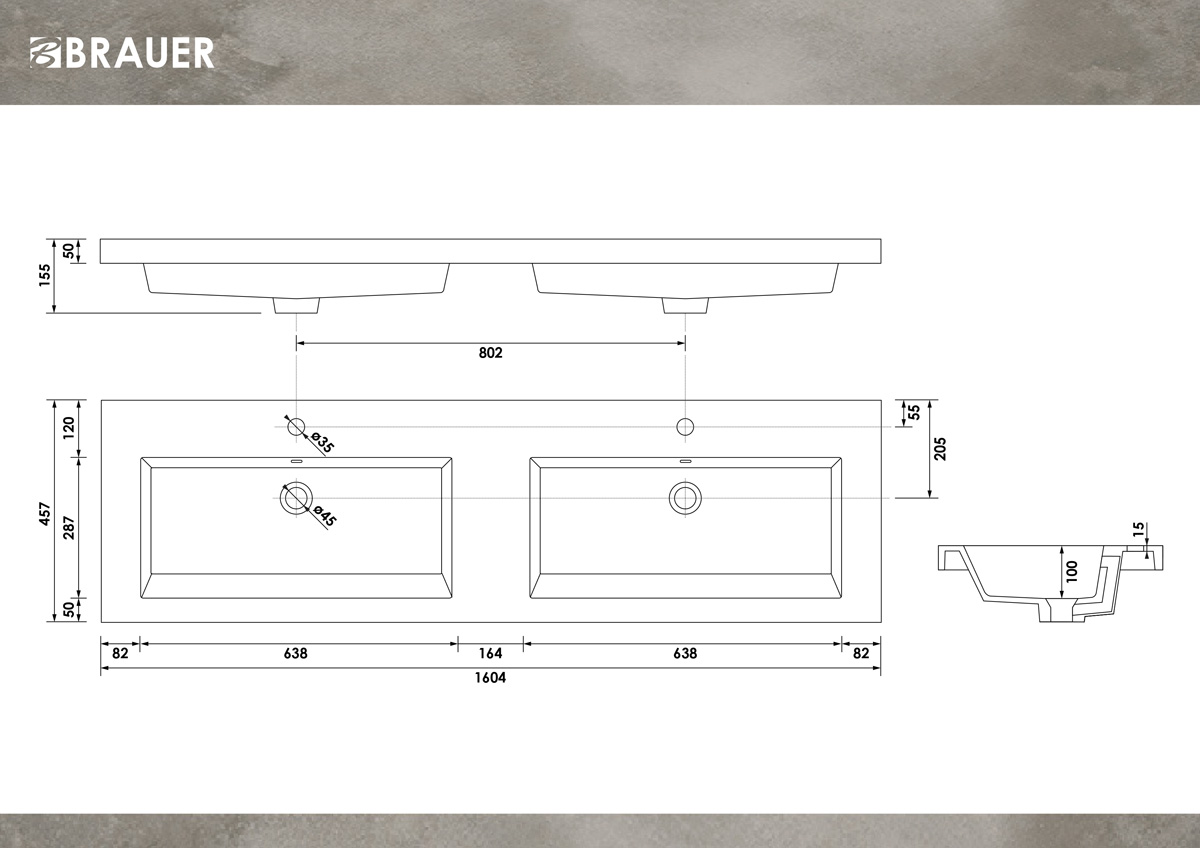 Brauer Solar Medium dubbele wastafel mineraalmarmer 160cm met 2 kraangaten wit mat