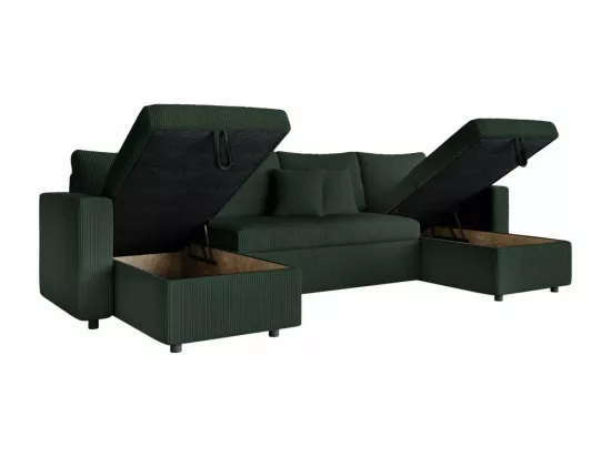 Canapé panoramique 6 places Maria convertible avec 2 coffres en velours côtelé - Vert foncé - L295 x P146 x H81cm - Loungitude