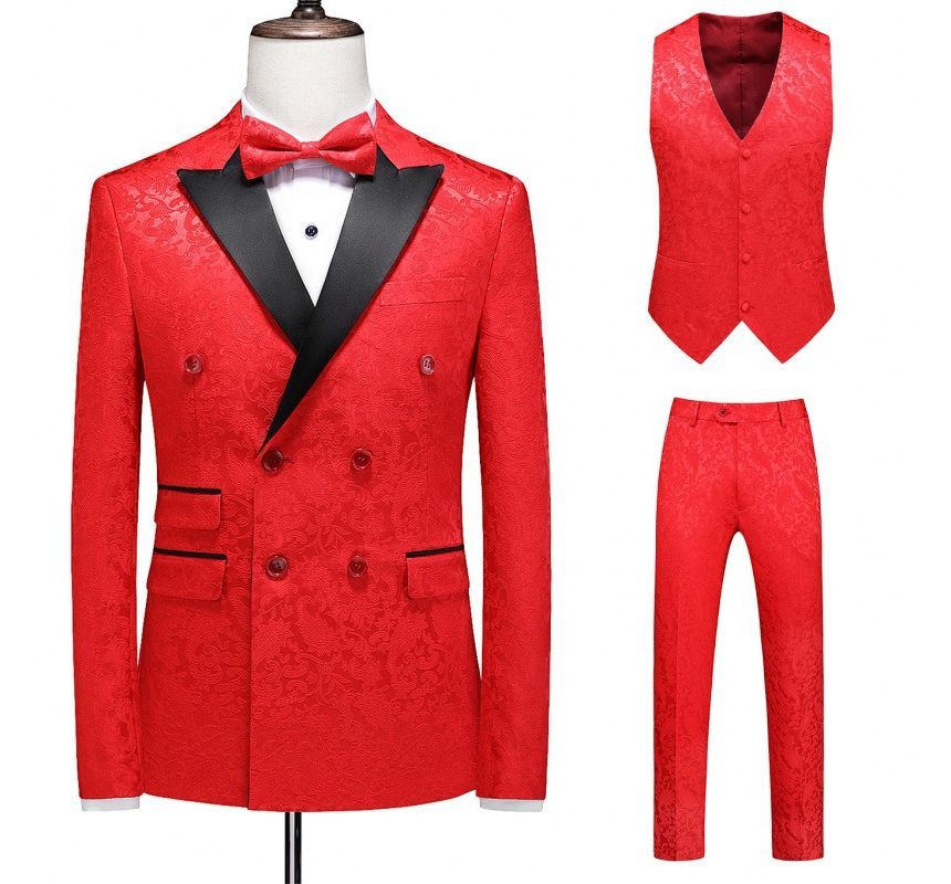Sheck - Set: Peak Lapel Two Tone Paisley Double-Breasted Blazer + V-hals Single-Breasted Vest + Mid Rise Straight Leg Dress Pants + Strik