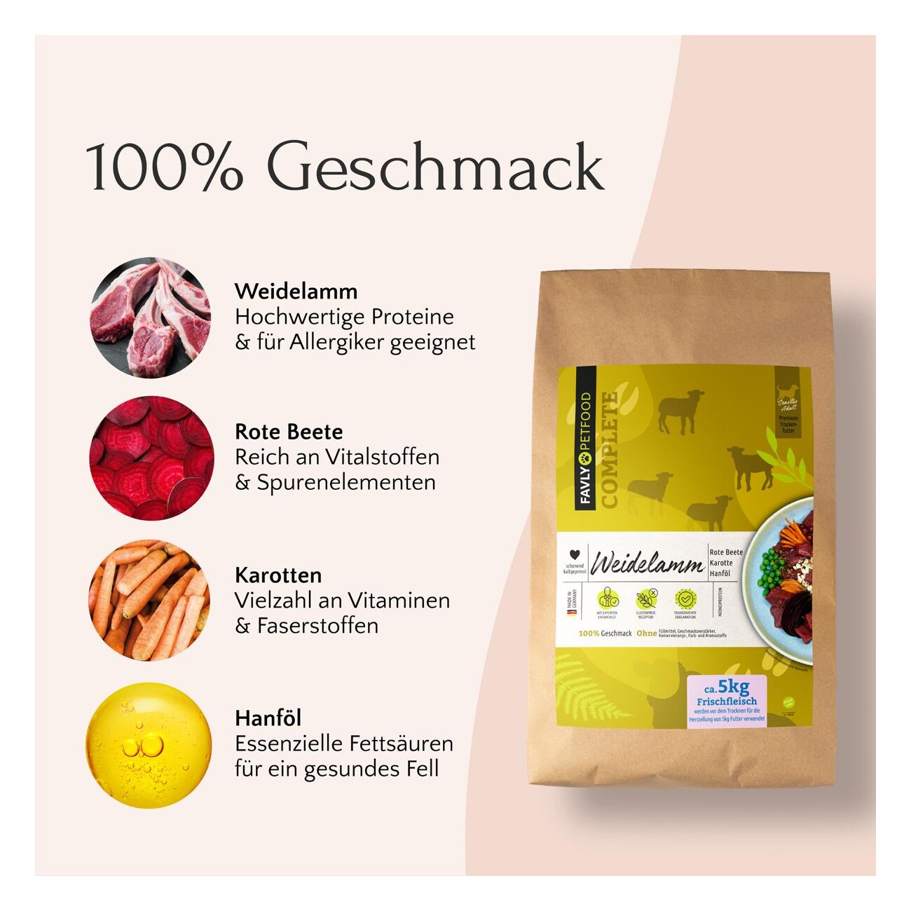 FAVLY Petfood Trockenfutter Lamm mit Karotte & Roter Beete 5 kg