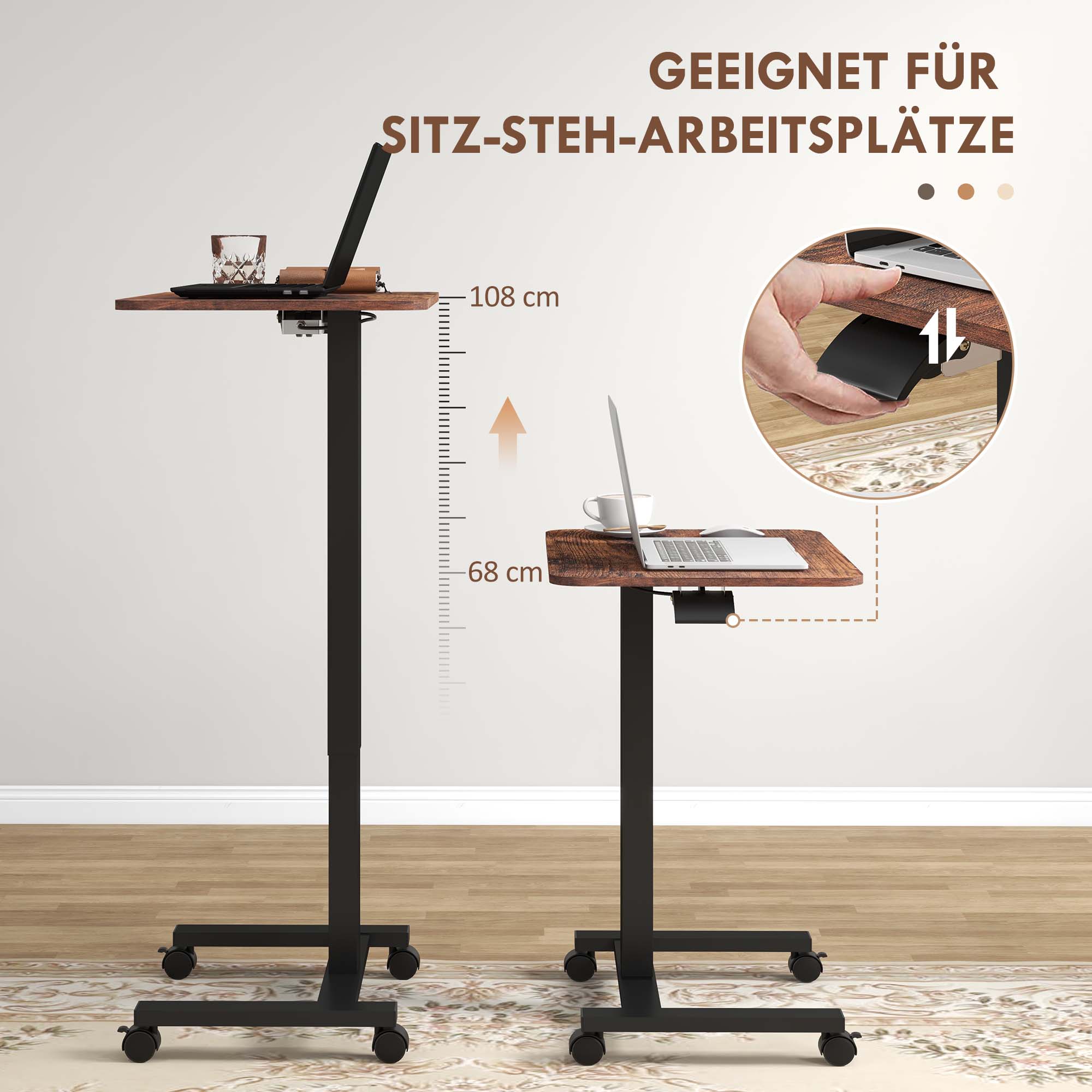 Vinsetto Höhenverstellbarer Rolltisch mit Rollen braun 65L x 48B x 68-108H cm