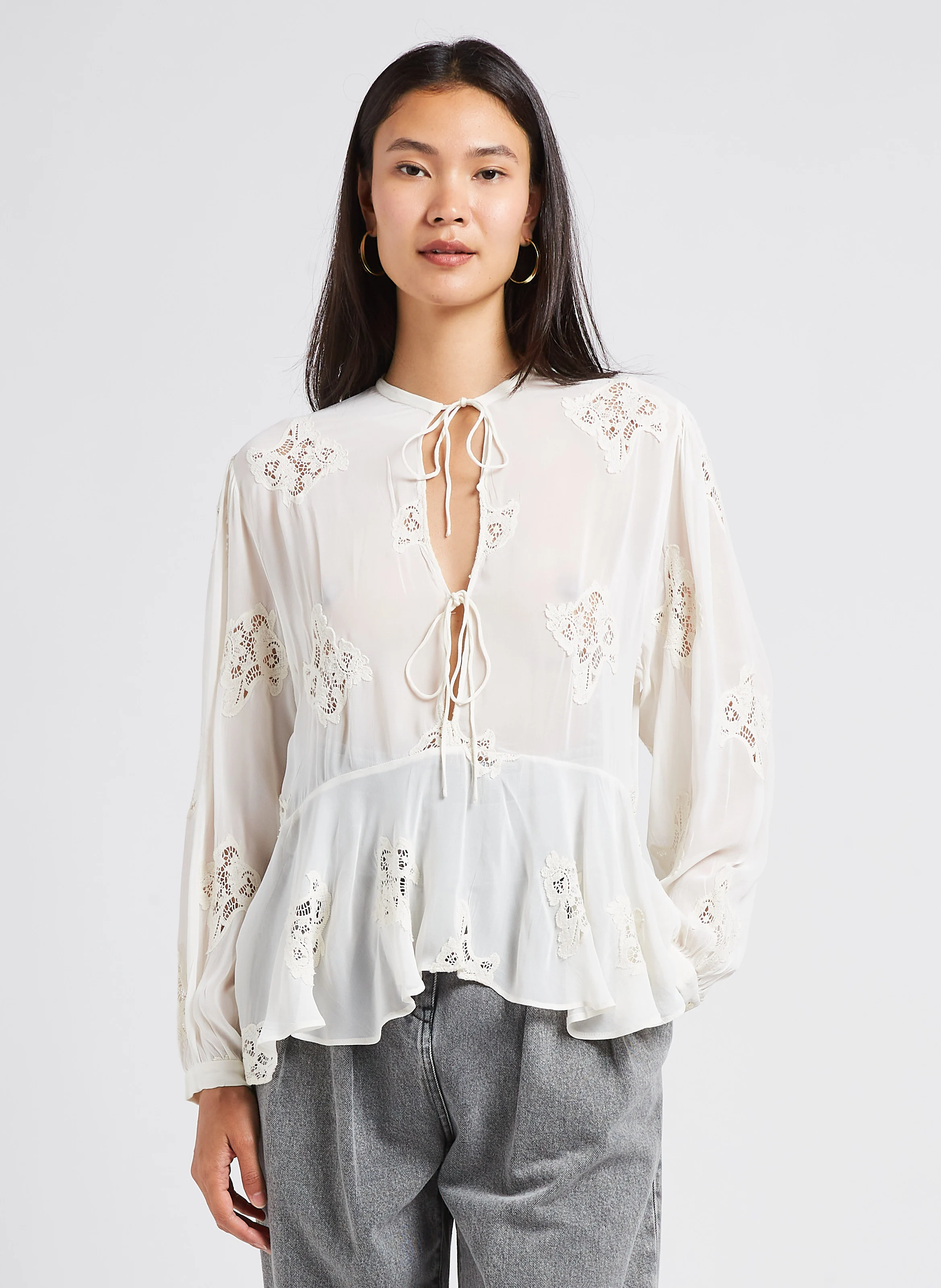 LALIA - Blouse col tunisien à broderie ajourées | Beige