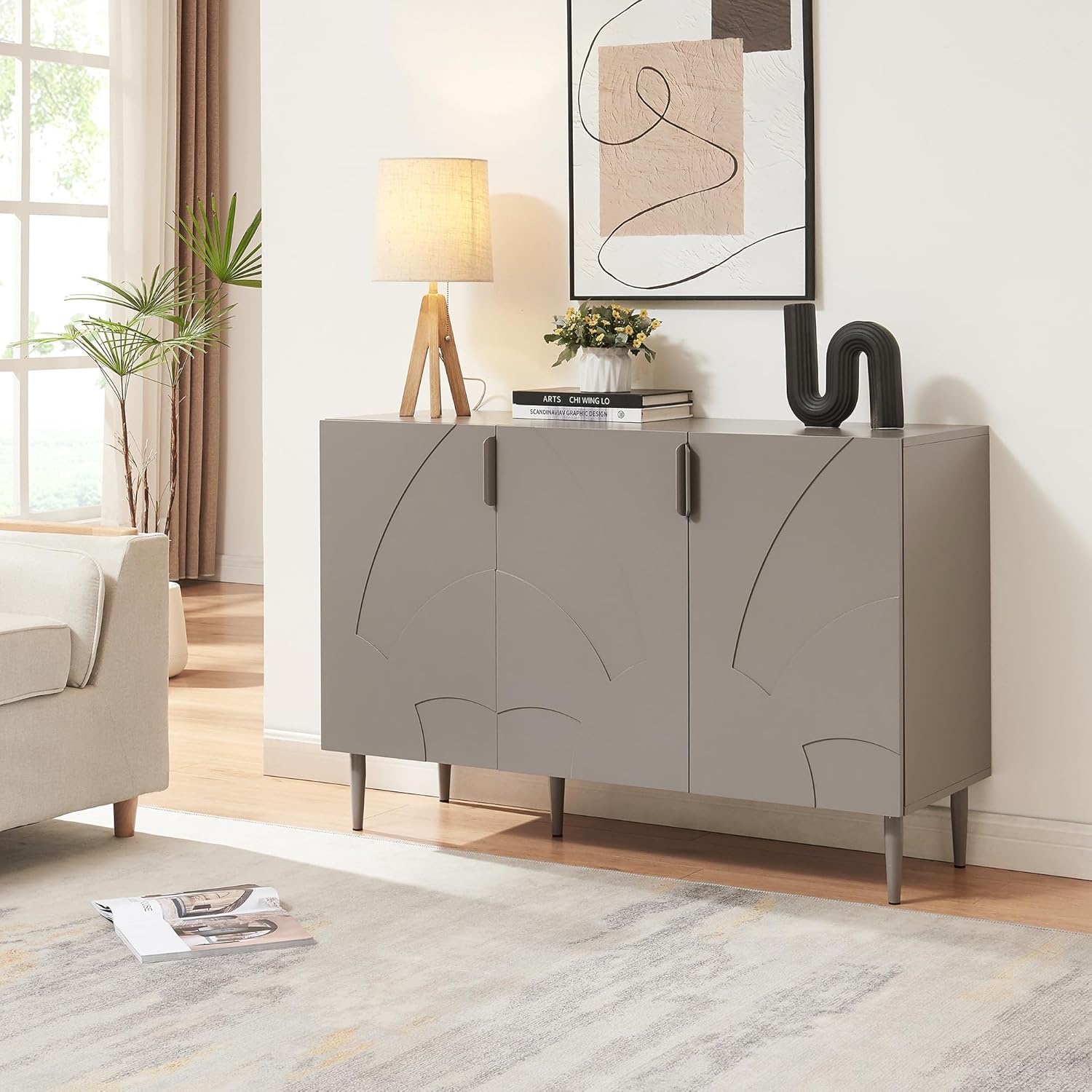 [en.casa] Sideboard Starvili Kommode mit 3 Türen Mehrzweckschrank 75 x 115 x 38 cm Wohnzimmerschrank Buffetschrank Metallbeine Grau