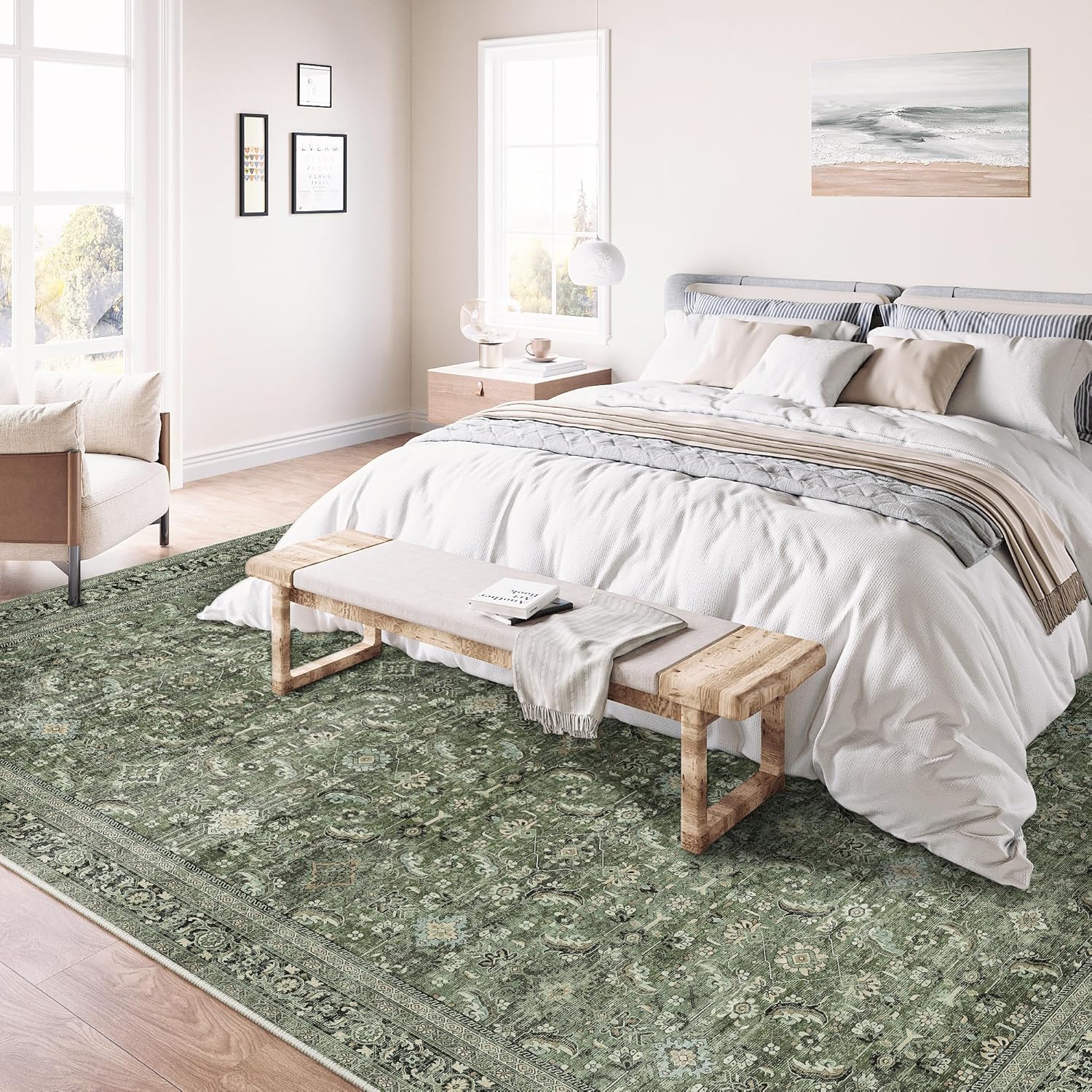Vintage Grün Waschbarer Teppich Wohnzimmer 200x300cm Retro Rugs for Living Room Weich rutschfest Groß Tepich Kurzflor Schlafzimmer Carpet Living Room Bedroom Esszimmer Teppiche Büro