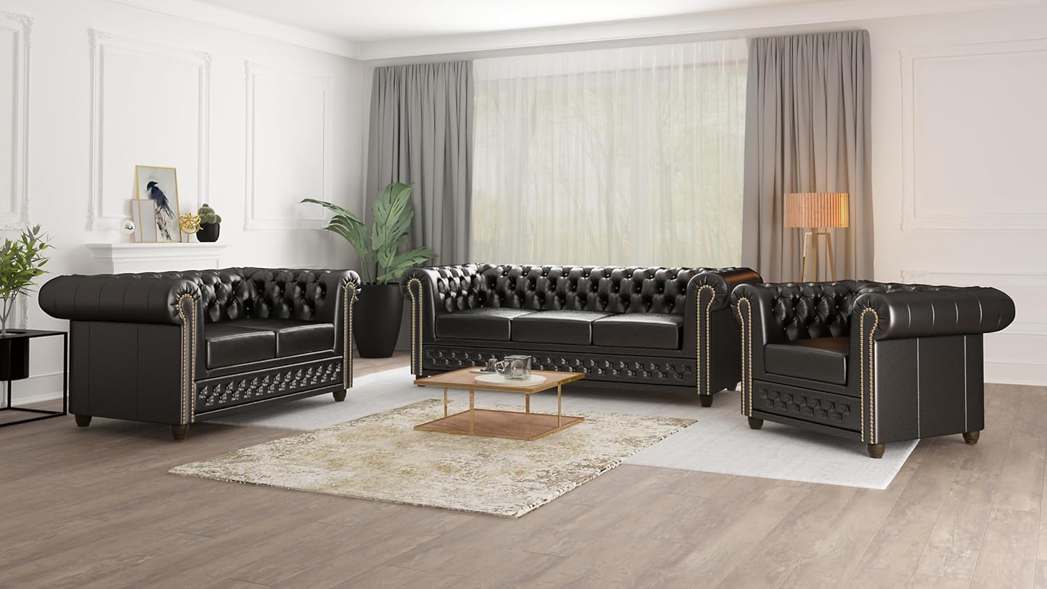 George Sofa 3-Sitzer Chesterfield-Sofa für Wohnzimmer Lounge Couch Aus Veganem Leder Möbel Freistehende Polster Sofas & Couches Couchgarnitur Schwarz 203 x 86 x 72 cm