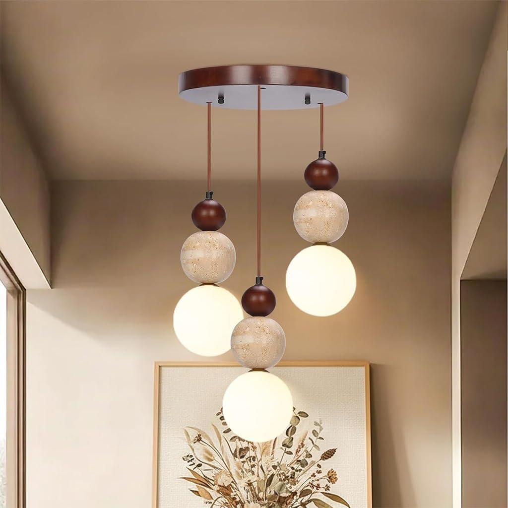 Wabi Sabi 3-Licht Pendelleuchte Travertin Stein Einbau Japandi Japanischer Nordischer Stil Sphärische Holz Kronleuchter Für Kücheninseln Esszimmer Wohnzimmer(B)