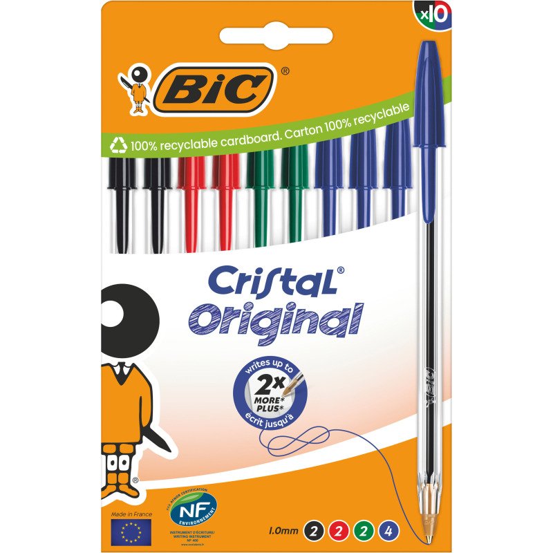 Stylo bille Bic Cristal Original écriture moyenne - Pochette de 10 couleurs classiques