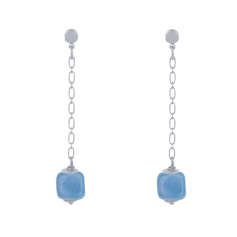 Boucles d'Oreilles Chainette Laiton Argenté et Cube en Céramique