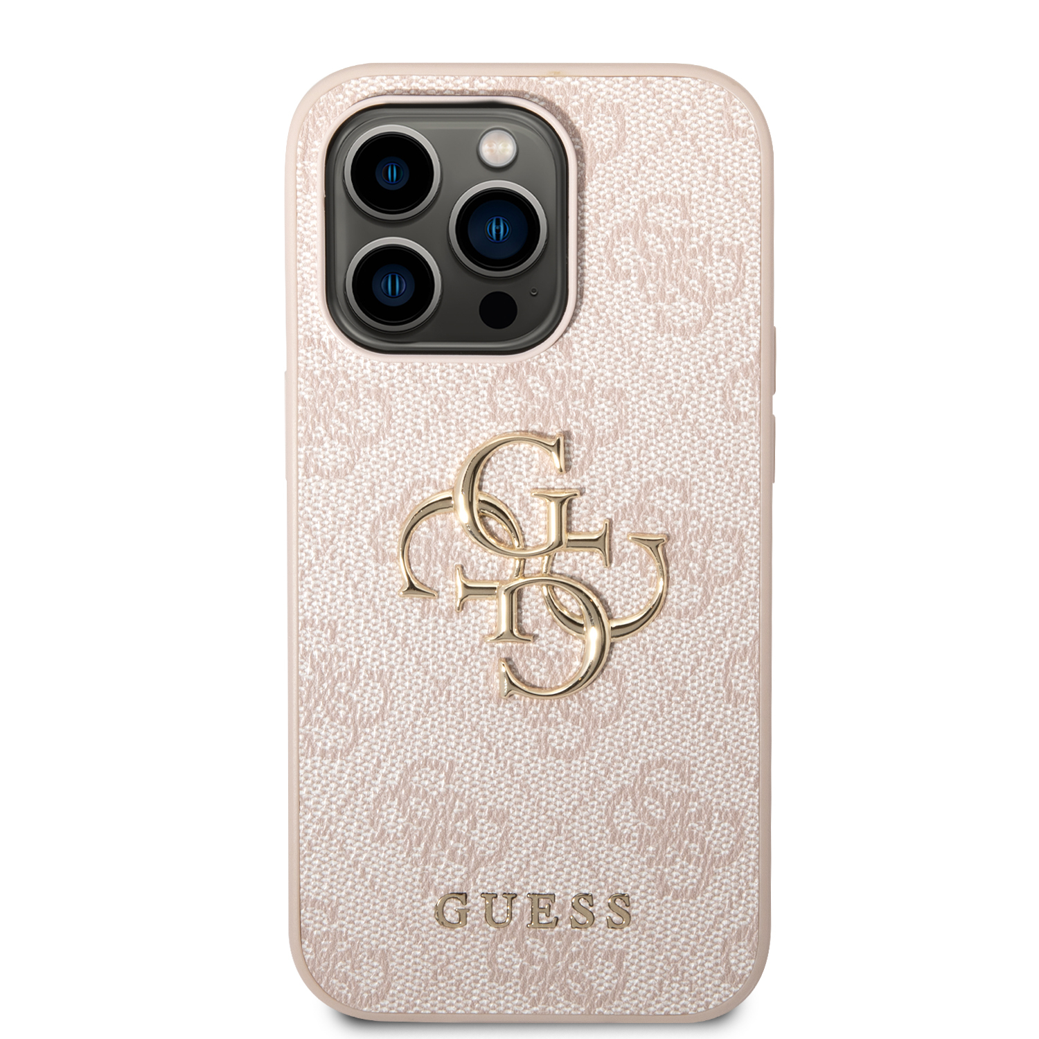 iPhone 14 Pro Max Leder Hardcase Hülle Metall Logo (GUHCP14X4GMGPI) - Rosa / Gold