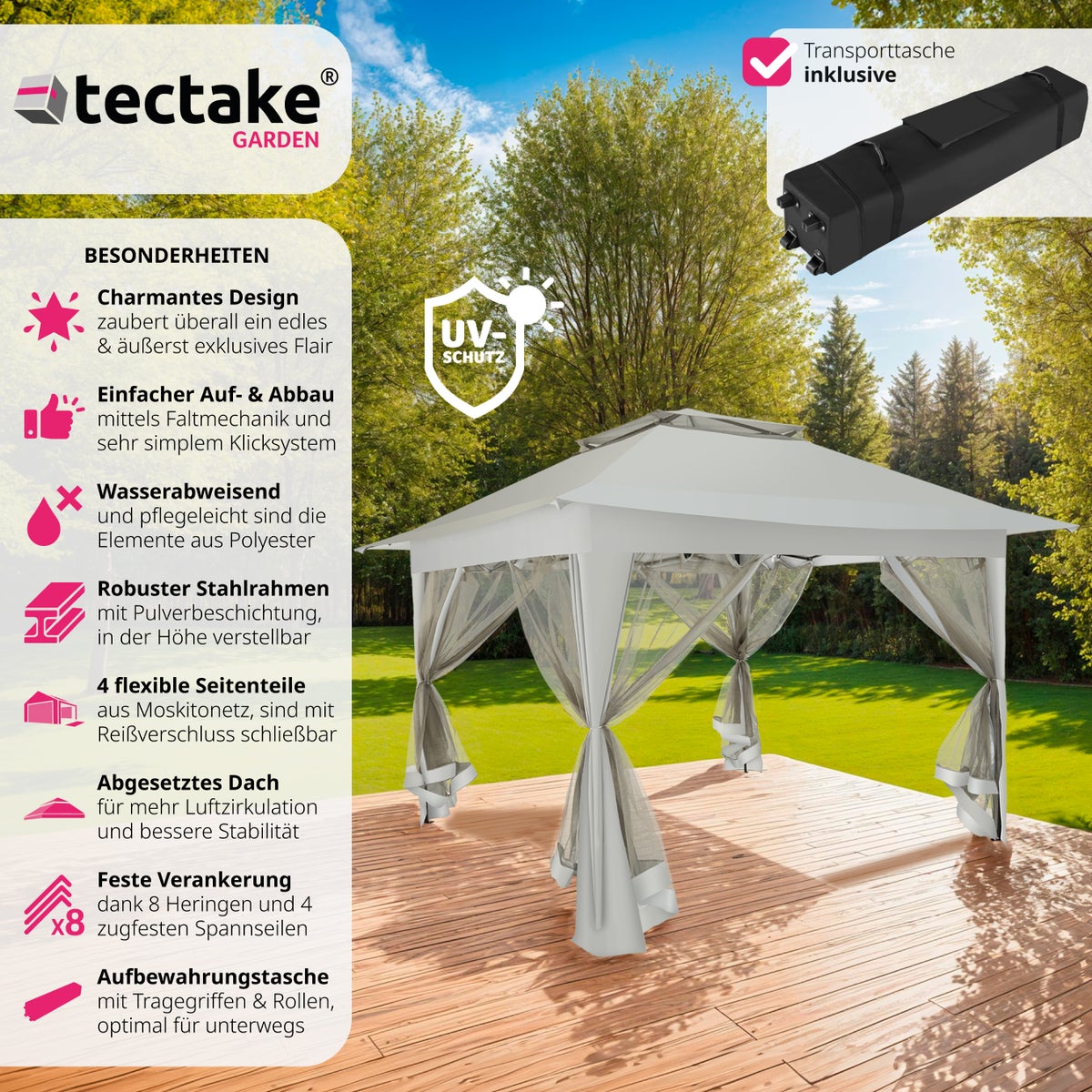 Opvouwbaar paviljoen tectake Carabobo 3,64 x 3,64 x 2,94 m inclusief scheerlijnen, haringen en draagtas
