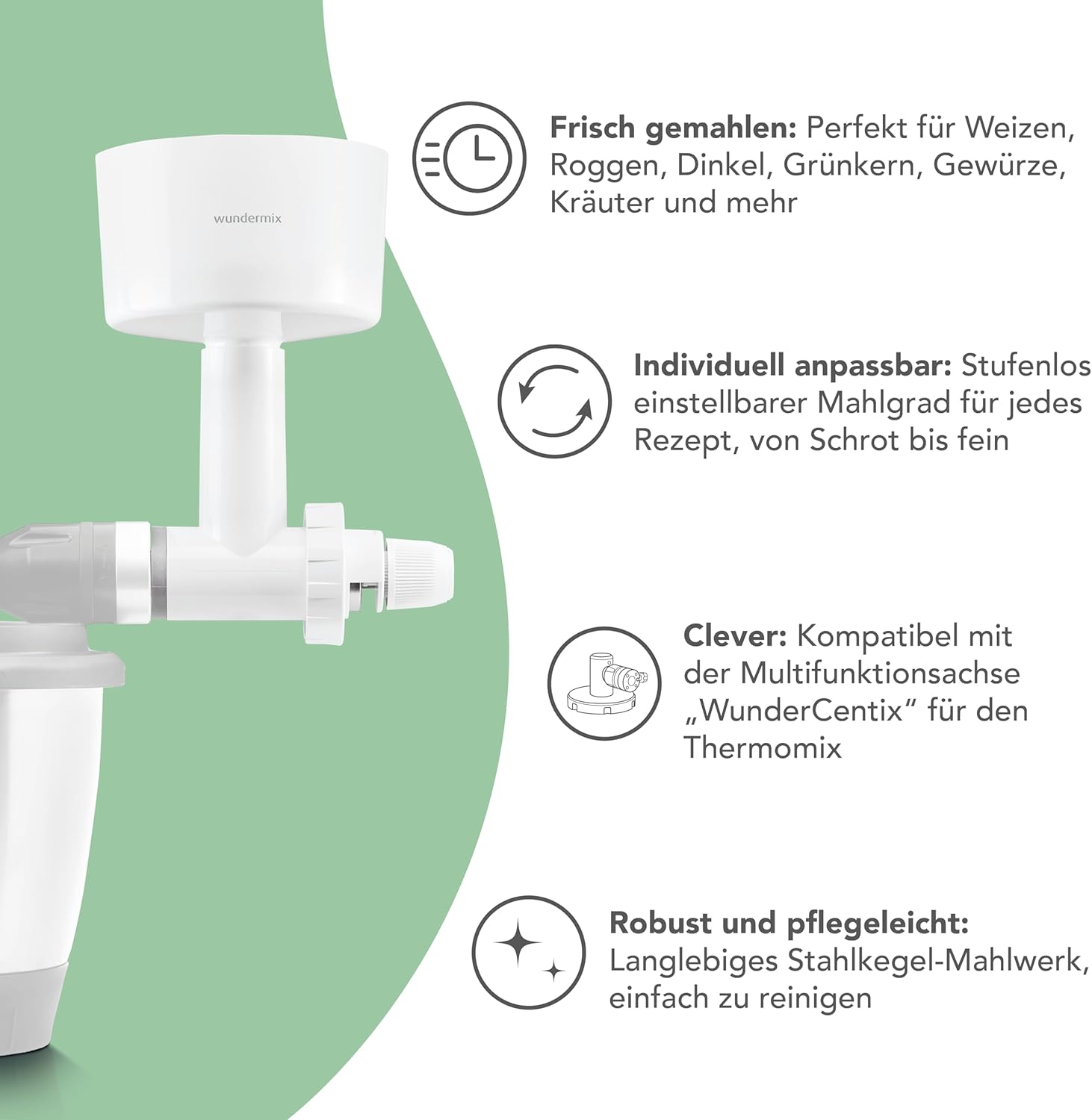 Wundermix - WunderCentix® Achse + Getreidemühlenaufsatz für Thermomix TM6 TM5 • frisches Mehl, Gewürze & Schrot mahlen • Mahlgrad einstellbar • Getreidemühle für Zuhause