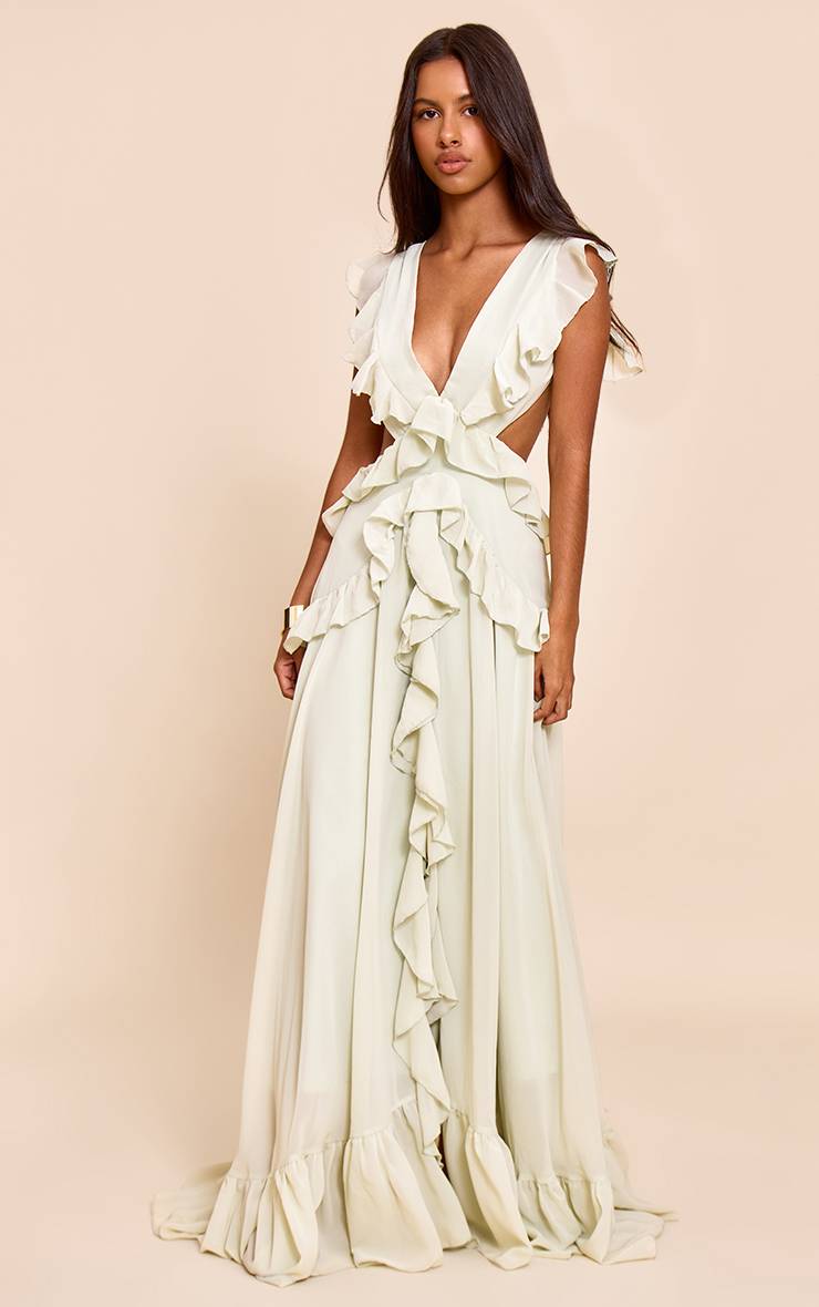 Vert Sauge Robe Longue À Volants Floraux Petite