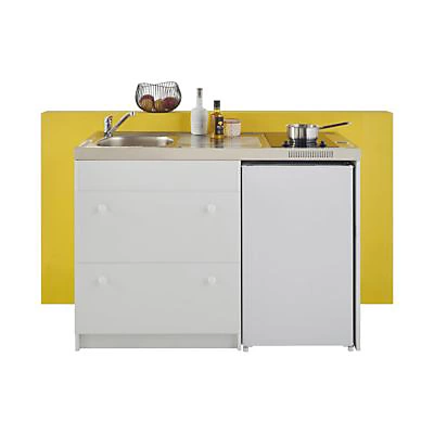 Kitchenette Silver blanche, casserolier + plan de travail + évier + frigo + plaque vitrocéramique
