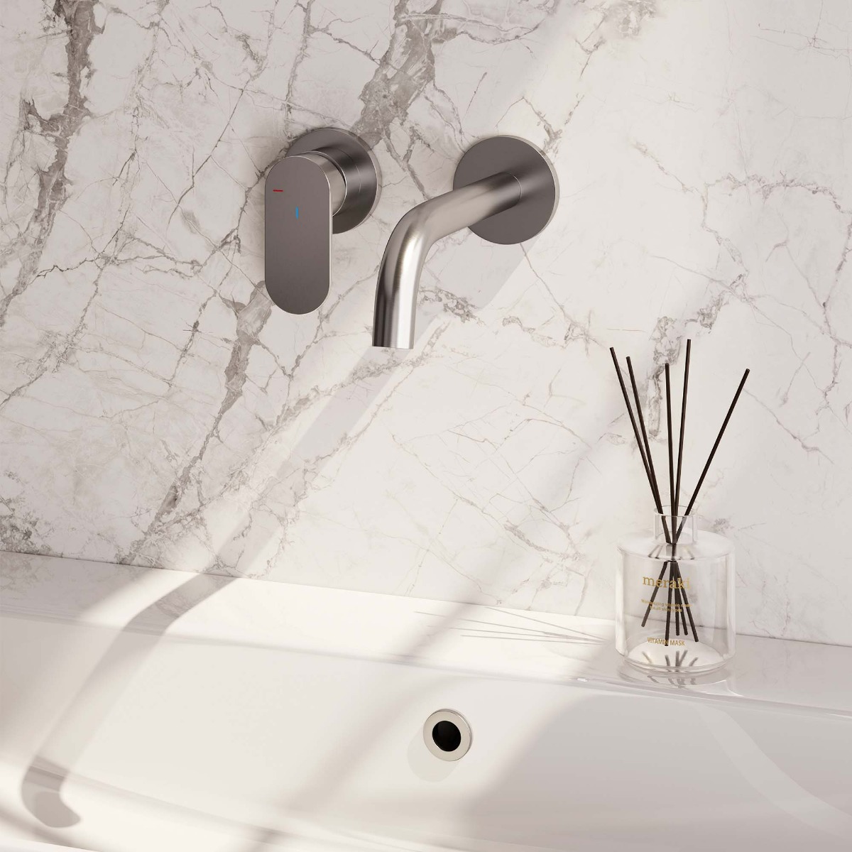 Brauer Brushed Edition ColdStart wastafelkraan inbouw gebogen uitloop en rozetten model C2 RVS geborsteld PVD