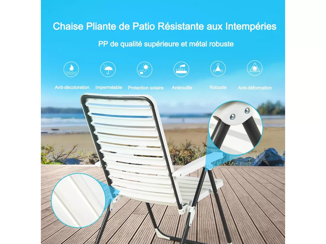 Chaise de Jardin Extérieur à Dossier Réglable 7 Niveaux, Chaise Pliante CamBoisg Inclinable Portable Cadre Métal, Fauteuil Jardin Extérieur pour Terrasse Piscine Cour, Charge 120 KG, Blanc, 1 Pièce