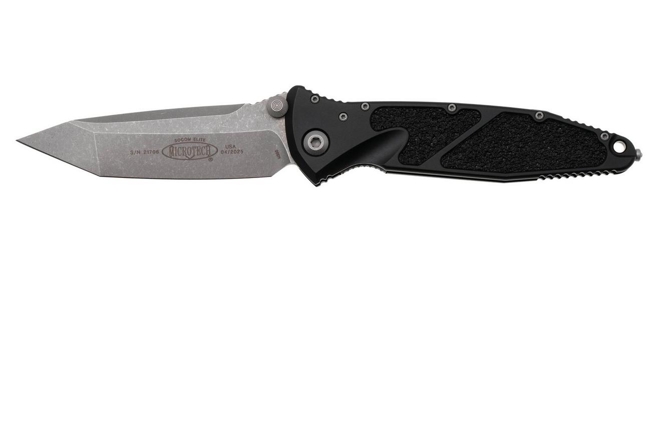 Microtech Socom Elite 161-10AP, Apocalyptic Stonewashed M390 Tanto, Black Aluminum zakmes