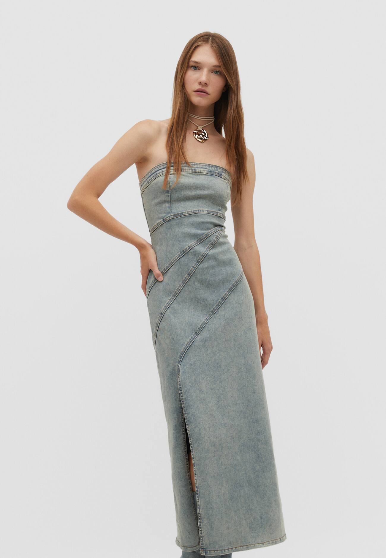 Vestido longo bandeau com costuras