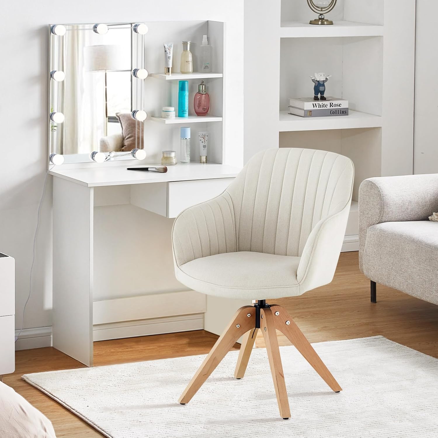 CLIPOP Drehbarer Design Stuhl Vintage Beige Buchenholz Beine Esszimmerstuhl Küchenstuhl Besucherstuhl Bürostuhl Wohnzimmerstuhl (Leinen, Beige)