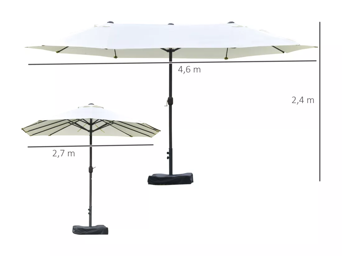 Parasol de jardin XXL parasol grande taille 4,6L x 2,7l x 2,4H cm ouverture fermeture manivelle acier polyester haute densité crème