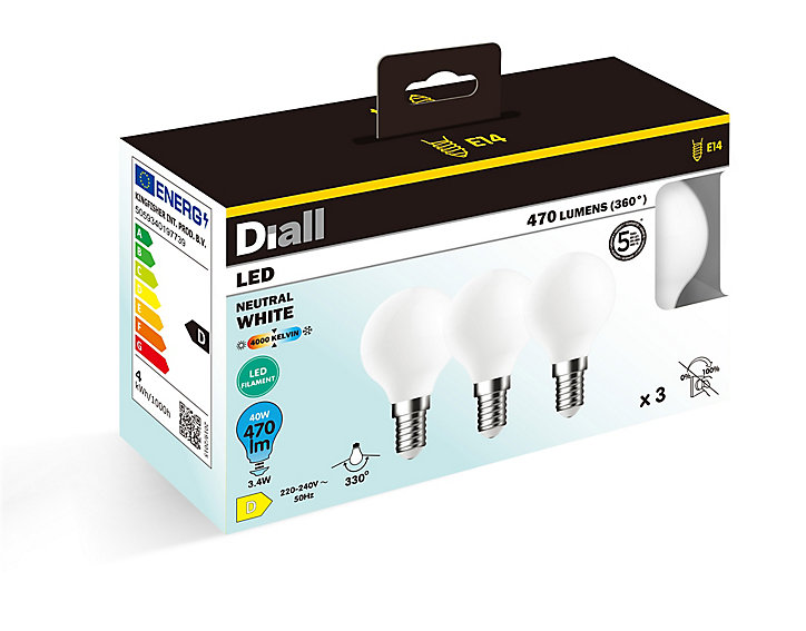 Lot 3 ampoules LED à filament mini globe E14 470lm 3.4W = 40W Ø4.5cm IPX4 Diall blanc neutre