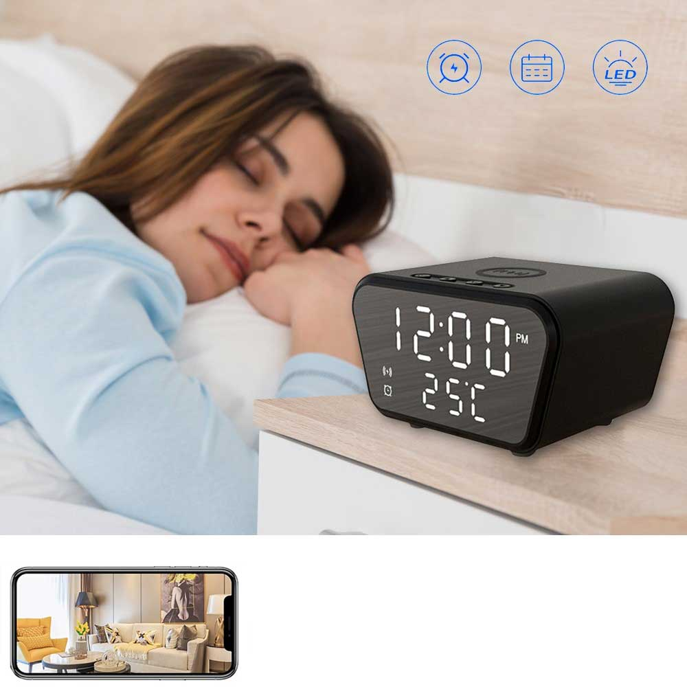 Full-HD Mini Kamera in Digital-Wecker-Gehäuse mit Wireless Charging Ladestation   Micro SD Kartenslot (iOS/Android) - Schwarz